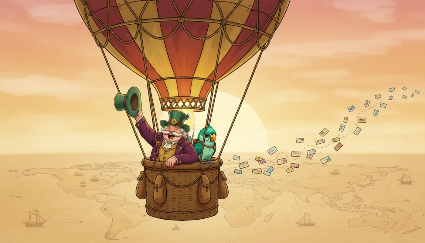 The Baron waves his top hat from a hot-air balloon while Waypoint the parrot looks on, postcards fluttering behind them over a vintage world map